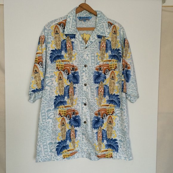 Maui Maui Hawaiian Button Shirt Large Woody Wagon Surf Board Truck Hibiscus Leaf - Picture 2 of 8